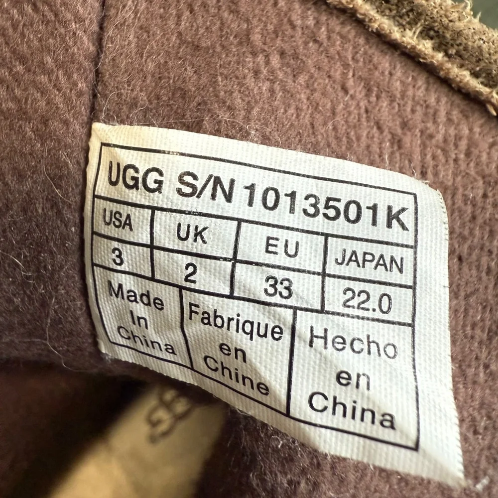 UGG K Harwell Bomber Boots Kids Brown Teak Leather Wool‎ Lining Size 3